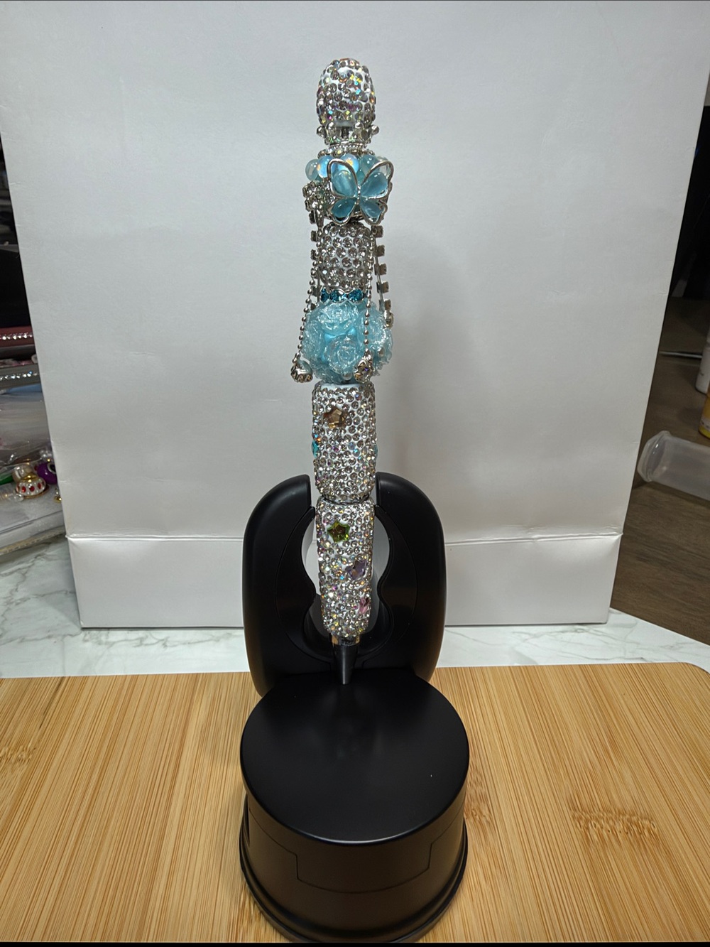 Rhinestone Butterfly Decorative Pen in Aqua Blue and Silver